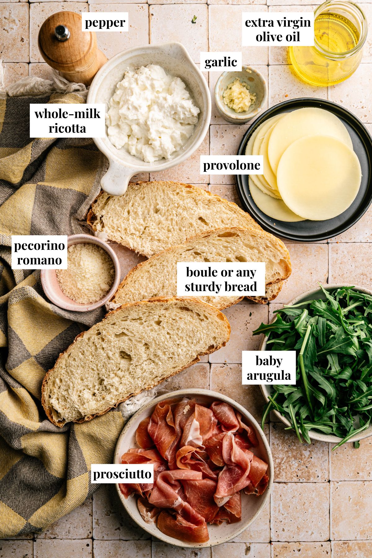 Ingredient images for prosciutto sandwich.