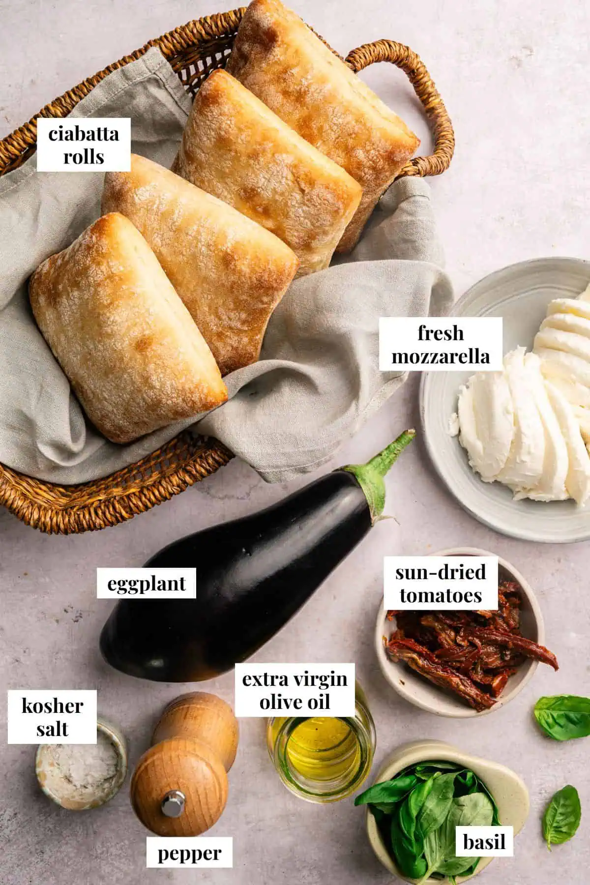 Ingredient images for roasted eggplant sandwiches.