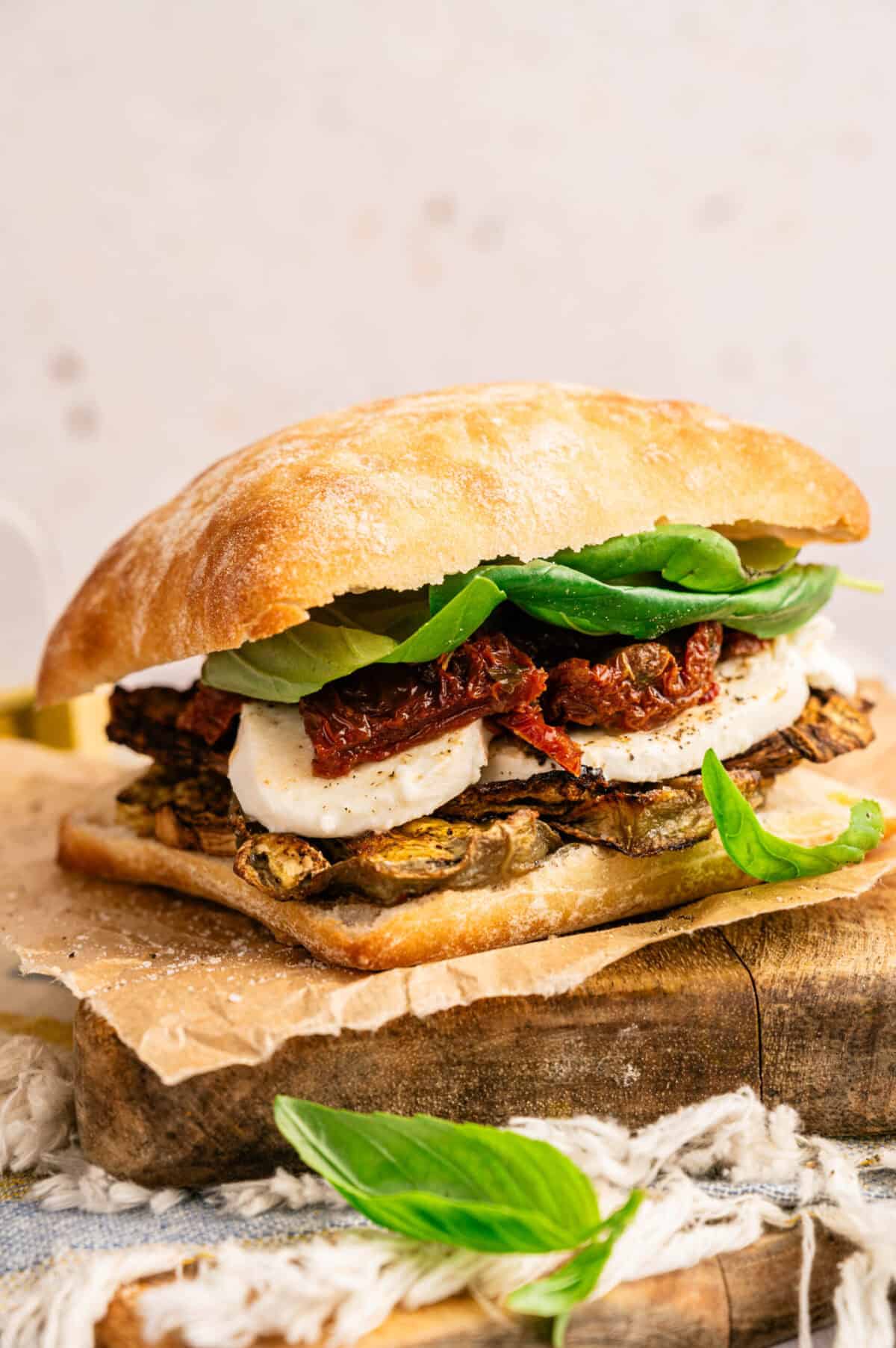 A roasted eggplant sandwich.