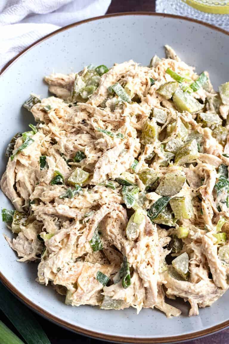 Rotisserie dill pickle chicken salad with mayo.