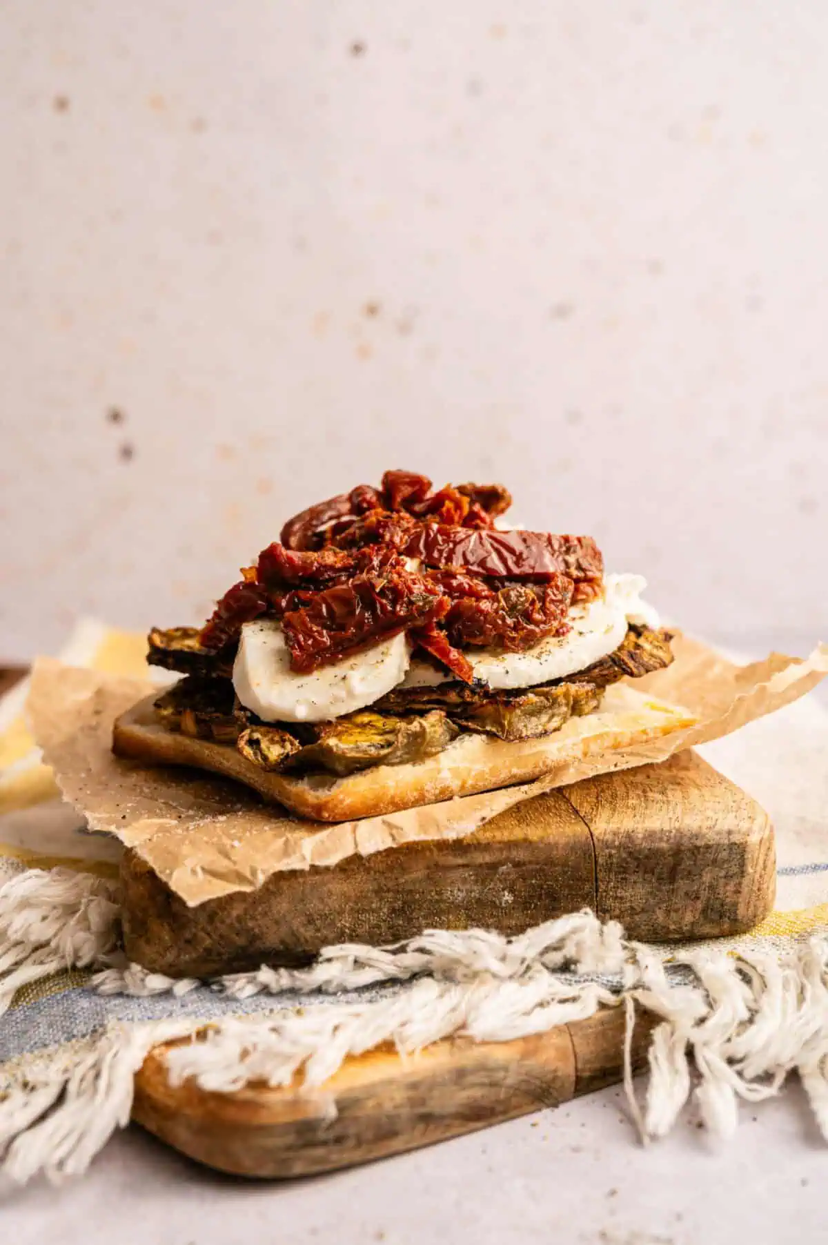 Eggplant, mozzarella, and sun-dried tomatoes layered on ciabatta.