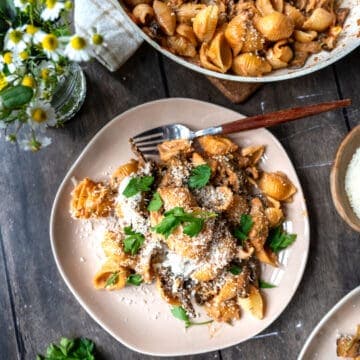 Creamy portobello and porcini pasta.