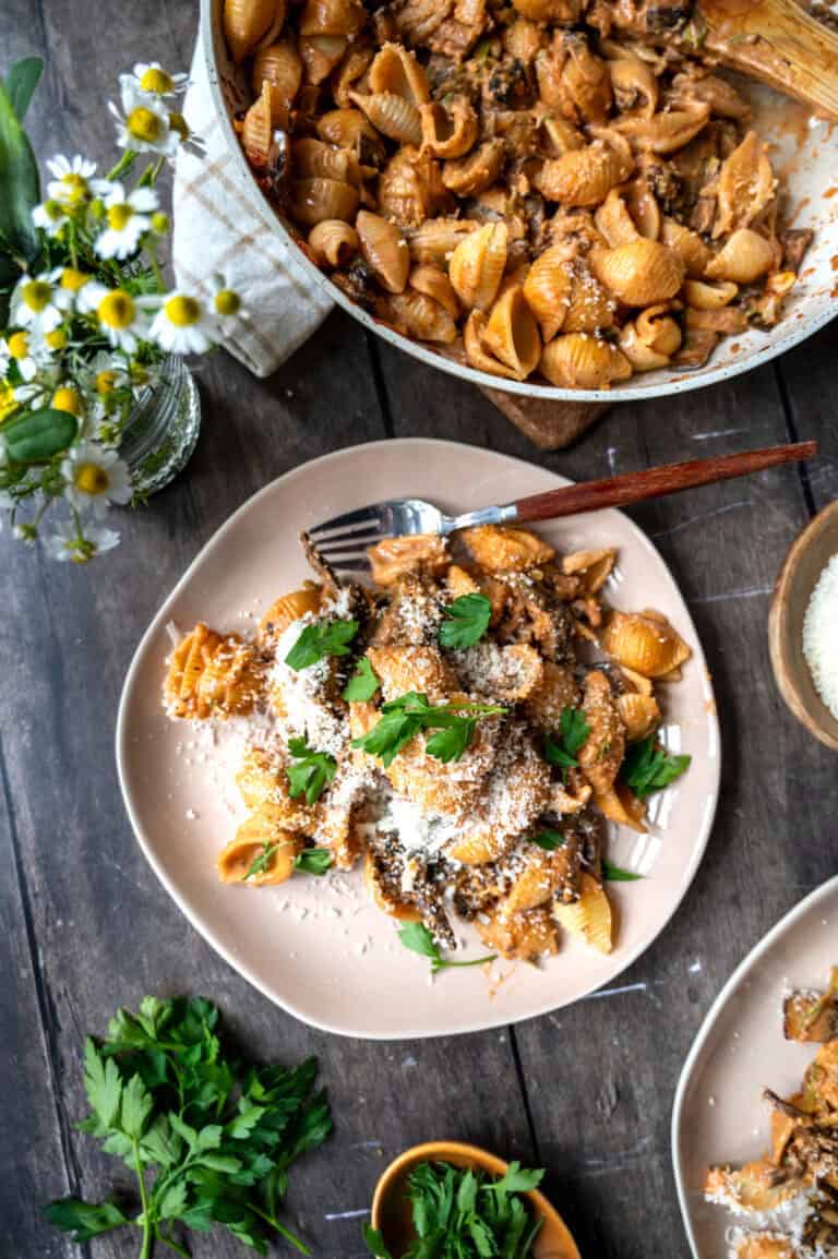 Creamy portobello and porcini pasta.
