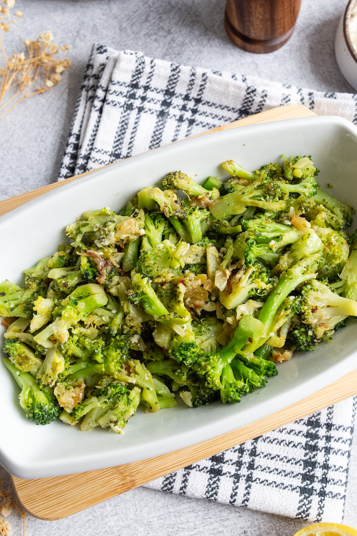 Sauteed broccoli with roasted garlic and pecorino.