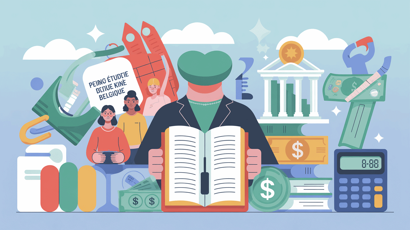 illustration du prix étude kiné belgique avec étudiants et éléments financiers
