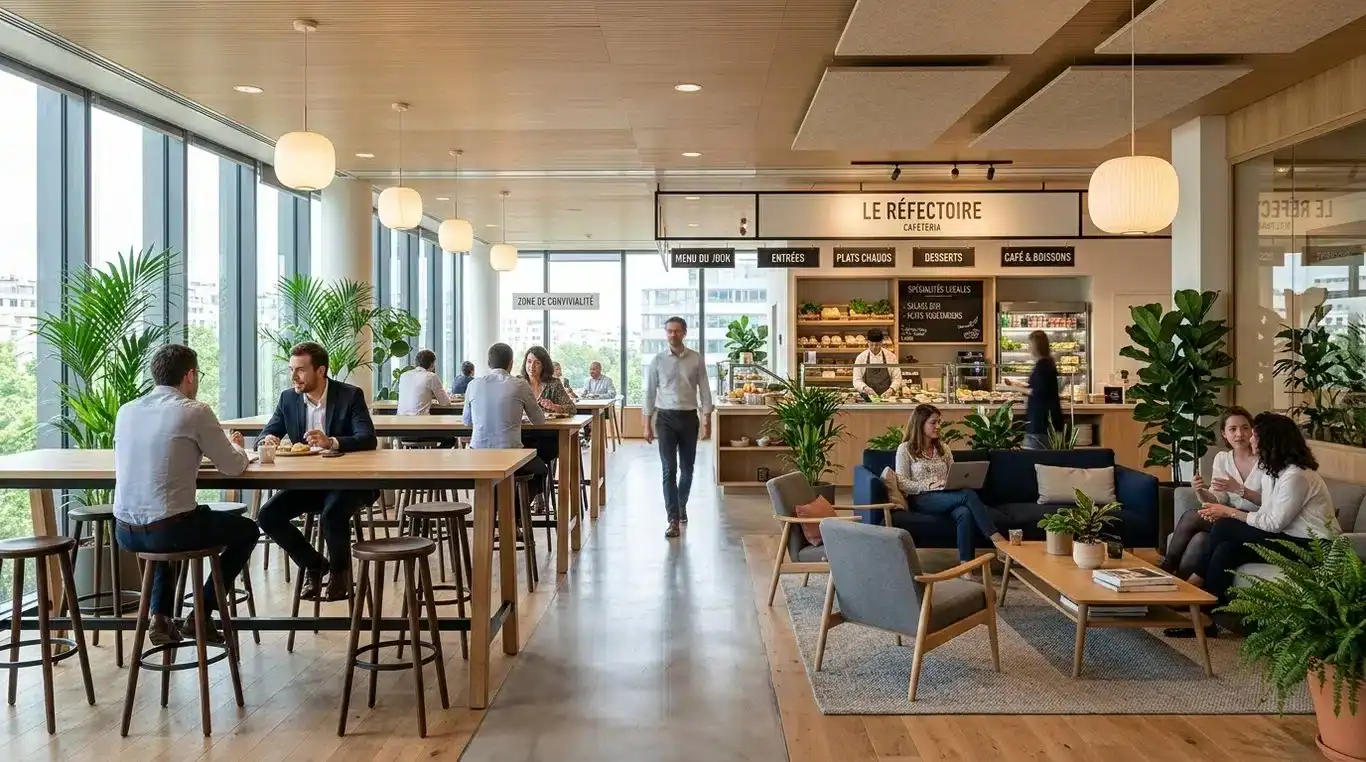Aménagement moderne et convivial d'un espace cafétéria en entreprise.