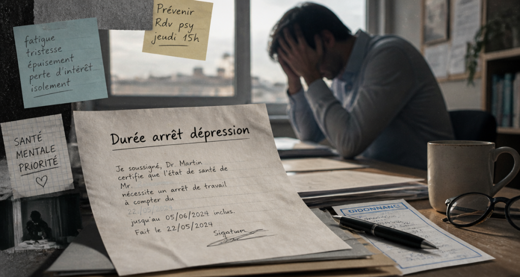 durée moyenne arrêt de travail : dépression, homme fatigué au bureau