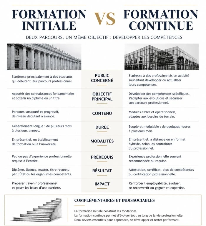 Infographie comparative des différences entre formation initiale et formation continue