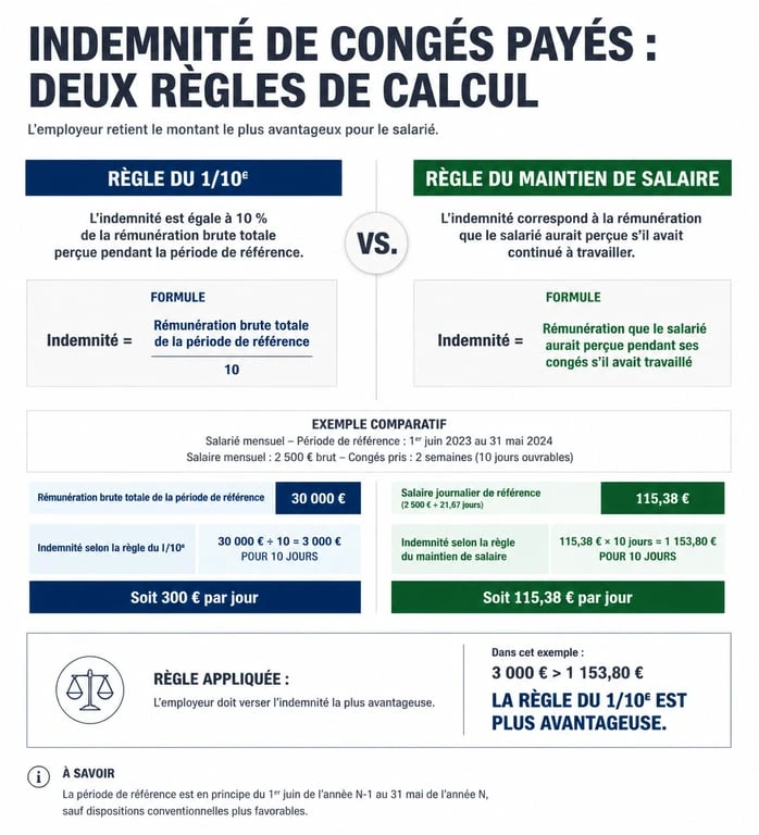 Comparaison des méthodes de calcul de l'indemnité de congés payés : 1/10e vs maintien de salaire