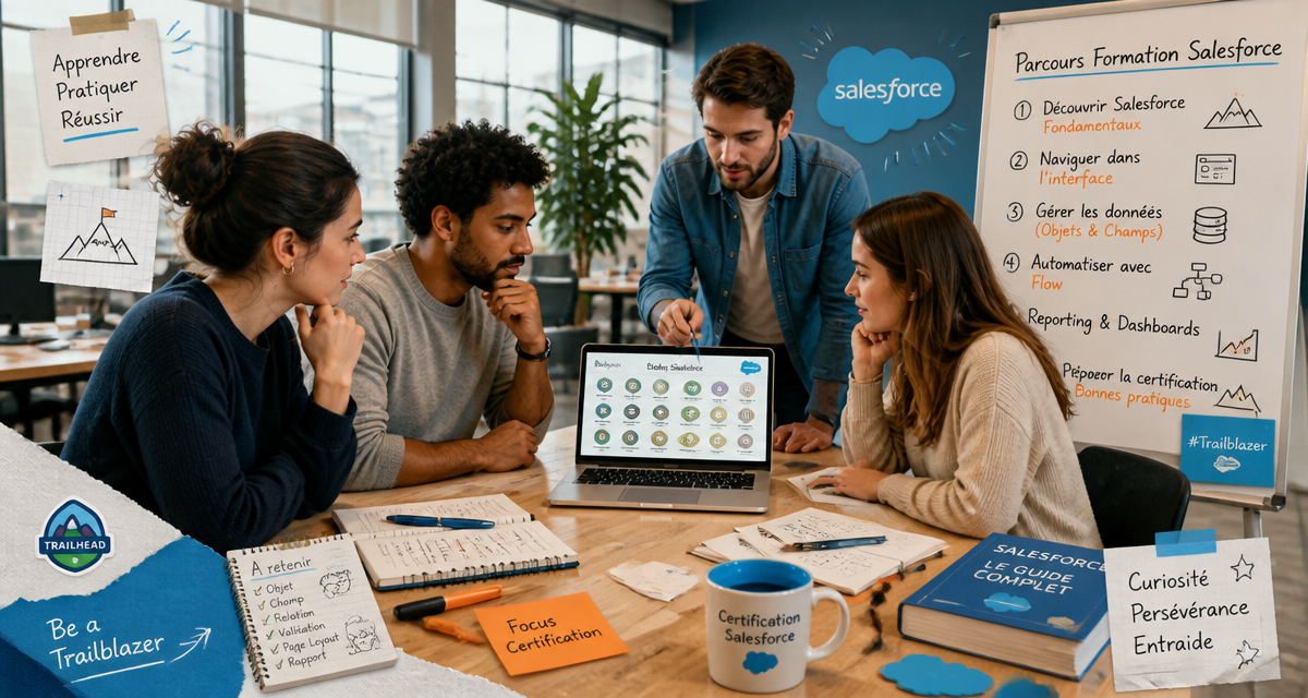 Formations Salesforce autour d’un ordinateur et badges