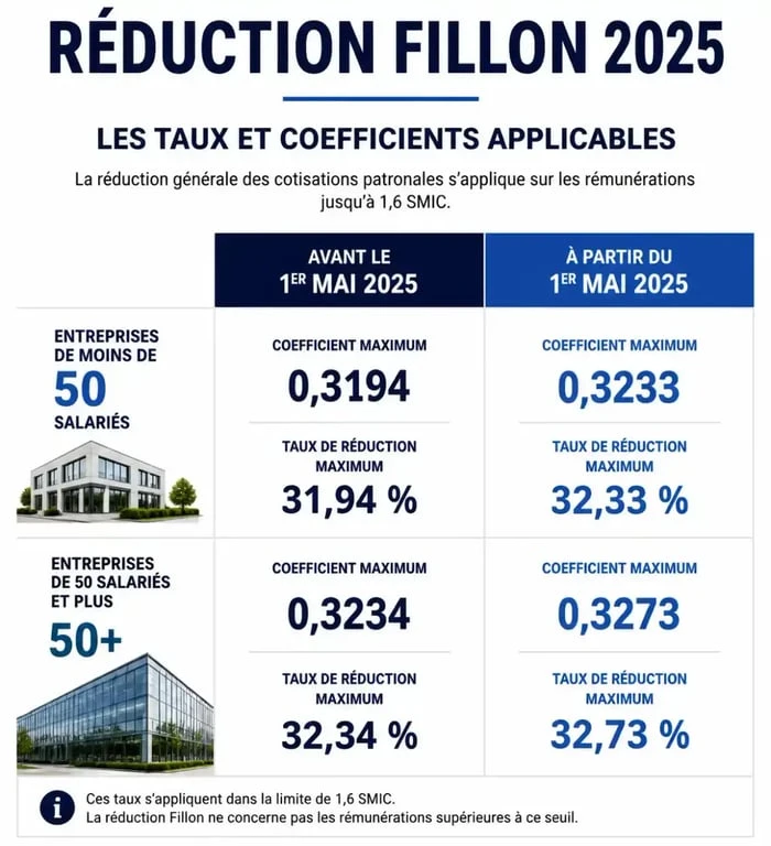 Tableau des coefficients de la réduction Fillon 2025 pour les entreprises