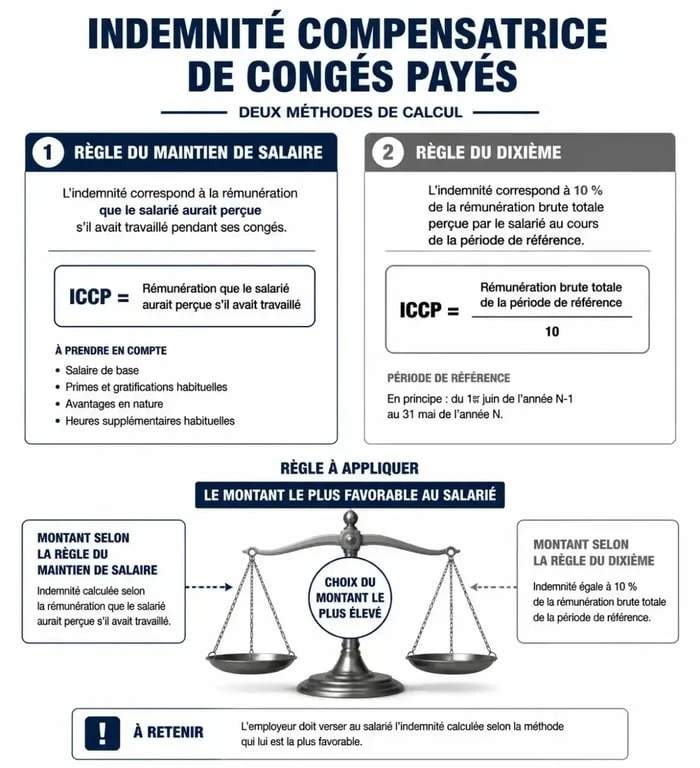 Infographie expliquant le calcul de l'indemnité compensatrice de congés payés en fin de contrat CDI