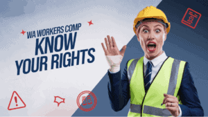 A surprised person wearing a hard hat and reflective vest holds up their hand with a bandaged wrist. Text reads "WA Workers Comp Know Your Rights" against a blue background, featuring icons of a warning sign, broken glasses, and a legal document from your trusted personal injury law firm.