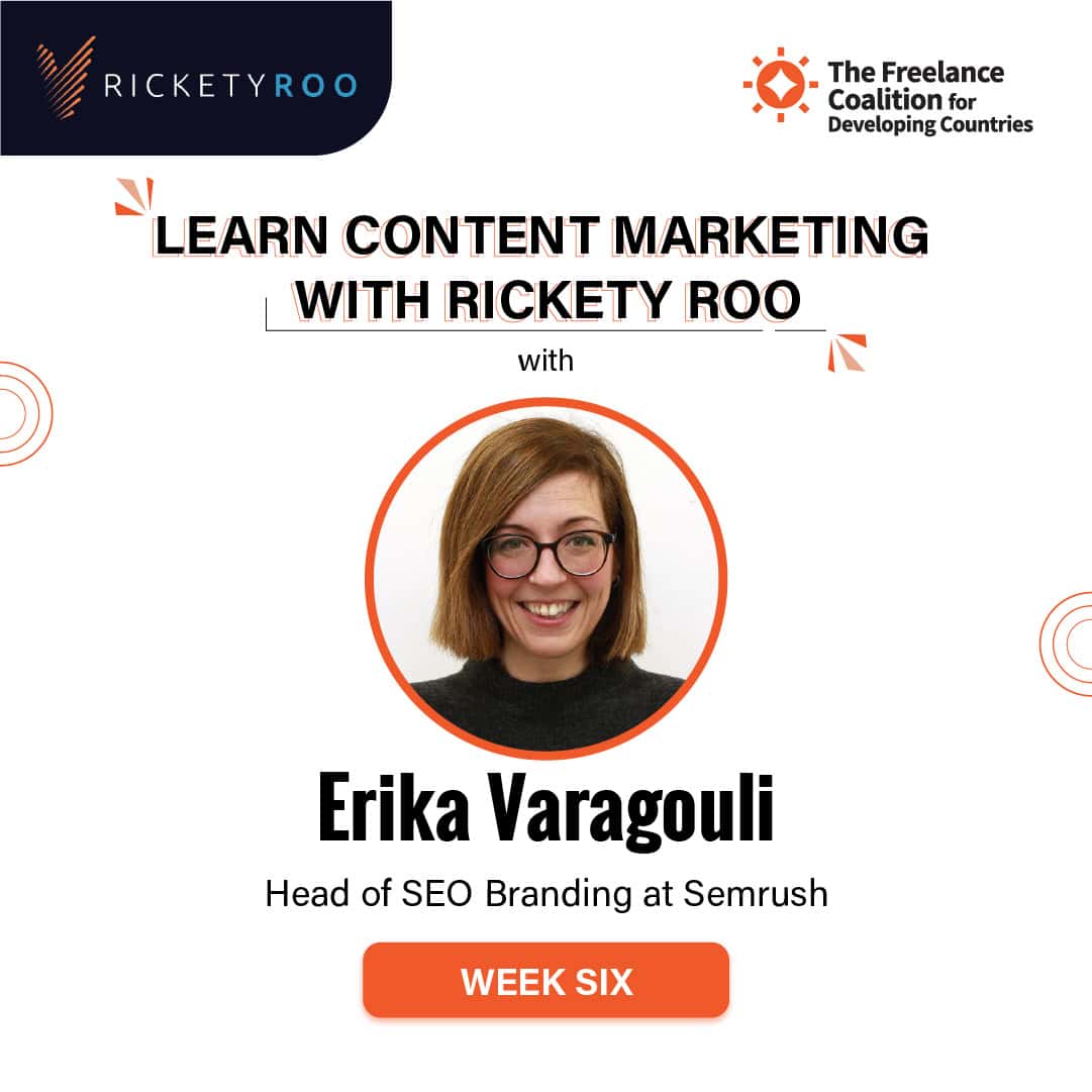 Square promo banner for SEO training with Rickety Roo, includes portrait and branding.