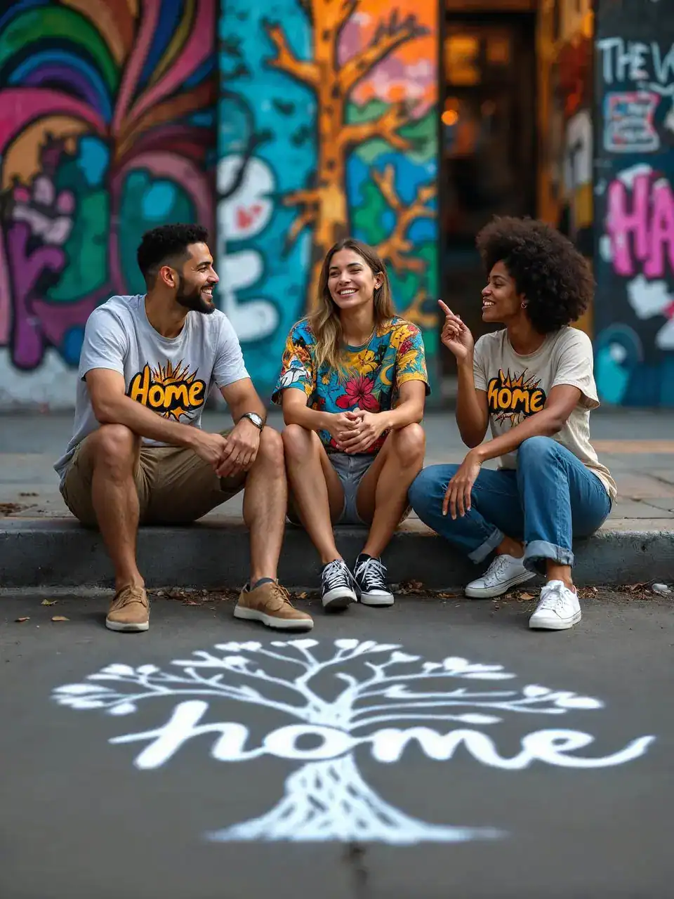 A group of friends wearing culture-inspired t-shirts with their roots an heritage