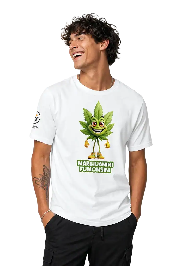 Young man wearing Frescazo Style cannabis-themed T-shirt with a smiling leaf mascot.
