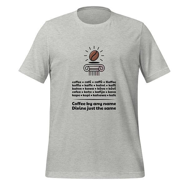Stylish coffee-themed T-shirt with coffee bean and text design.