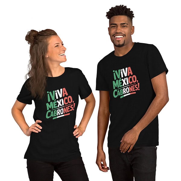 Two people wearing Viva México T-shirts celebrating Mexican pride and culture.