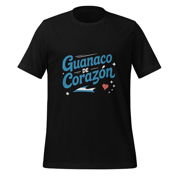 Black T-shirt with "Guanaco de Corazón" design and heart graphic.