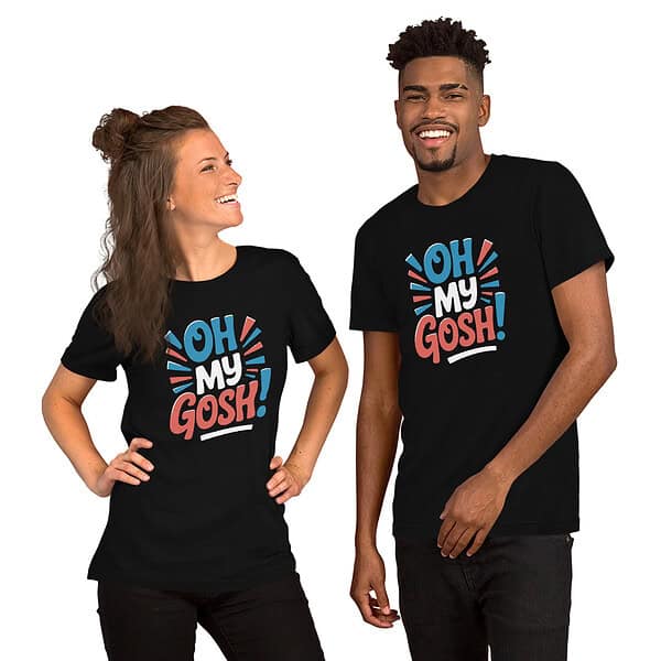 Two smiling models wearing black "Oh My Gosh" T-shirts, celebrating American pride.
