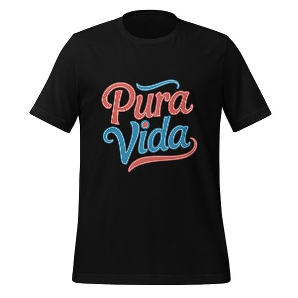 Black T-shirt with "Pura Vida" text in pink and blue, casual style.