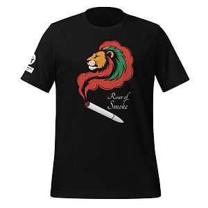 Black T-shirt with lion and smoke design, "Roar of Smoke" text, stylish and bold.