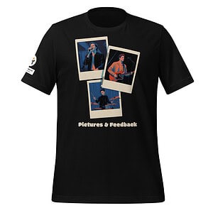 Black T-shirt with Polaroid-style photos and "Pictures & Feedback" text.