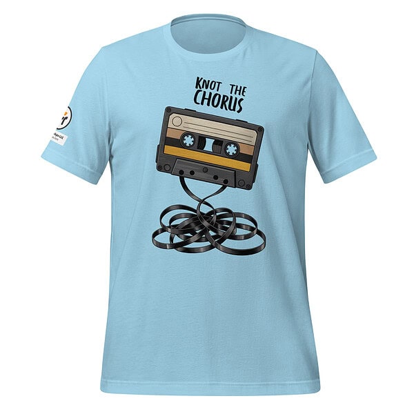 Light blue T-shirt with cassette tape and "Knot the Chorus" text design.