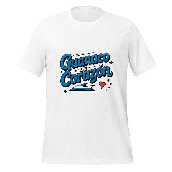 Guanaco de Corazón T-Shirt White T-shirt with "Guanaco de Corazón" graphic and heart design.