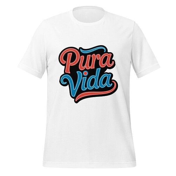 White T-shirt with "Pura Vida" colorful text design.