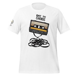 White T-shirt featuring a cassette tape with "Knot the Chorus" text for music lovers.
