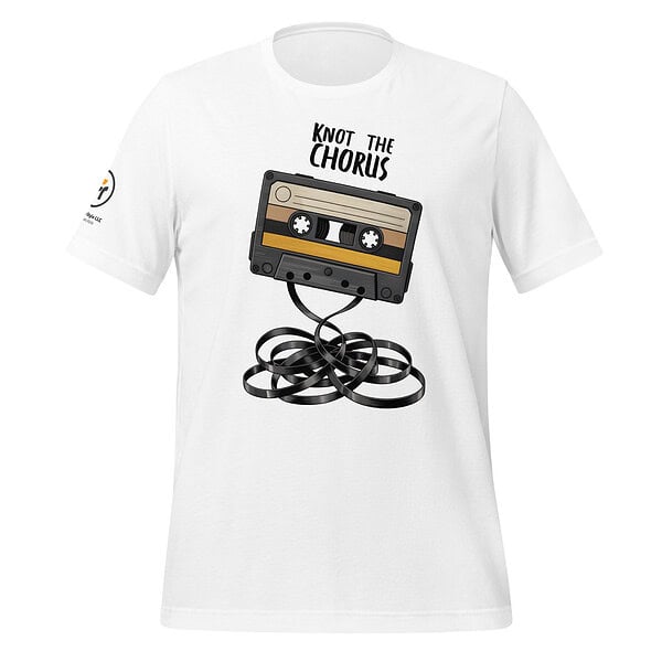 White T-shirt featuring a cassette tape with "Knot the Chorus" text for music lovers.