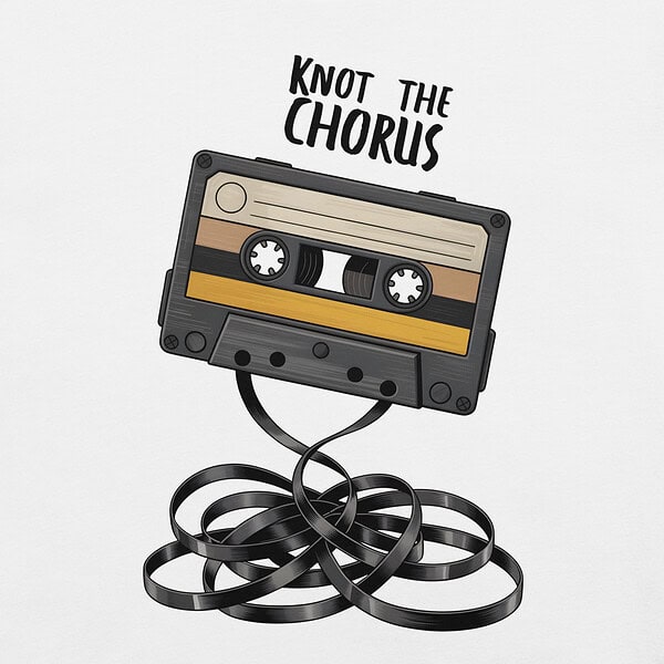 Vintage cassette tape with tangled tape, "Knot the Chorus" text.
