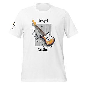 White T-shirt with electric guitar graphic and "Dropped Not Silent" text.