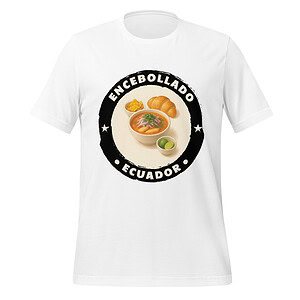 Encebollado Ecuador traditional soup graphic on T-shirt, casual wear.