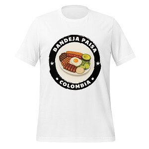 White T-shirt with Bandeja Paisa Colombia logo design.