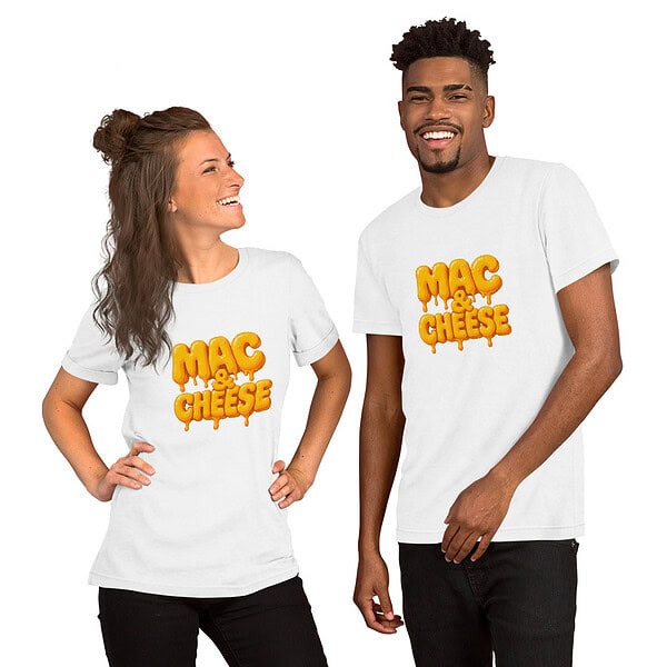 Happy couple wearing Mac & Cheese themed T-shirts for food lovers.