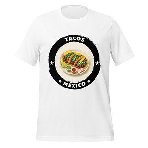 White T-shirt with colorful Mexican tacos graphic design.
