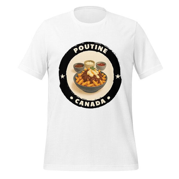 Classic Canadian poutine with fries, cheese curds, and gravy on a T-shirt.