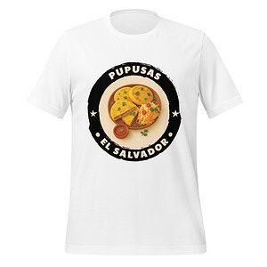 White T-shirt with Pupusas El Salvador logo and colorful pupusa illustration.