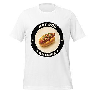 White T-shirt with hot dog graphic and "Hot Dog America" text.