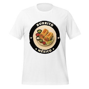 White T-shirt featuring a colorful burrito illustration with "Burrito Mexico" text.