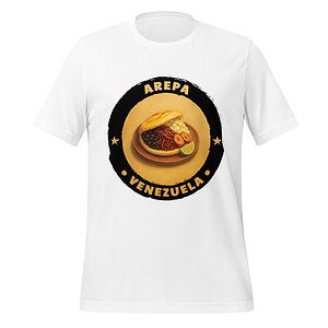 White T-shirt with Arepa Venezuela logo, perfect for Venezuelan cuisine fans.