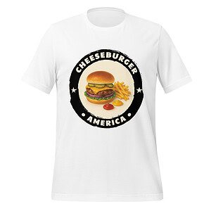 White T-shirt with cheeseburger graphic and fries print, casual food-themed apparel.