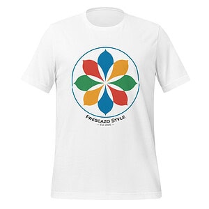 Bright colorful rosette design on white t-shirt for a vibrant look.