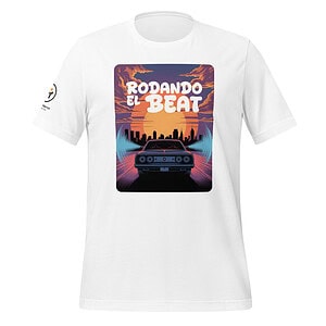 White T-shirt with "Rodando el Beat" graphic and car illustration.