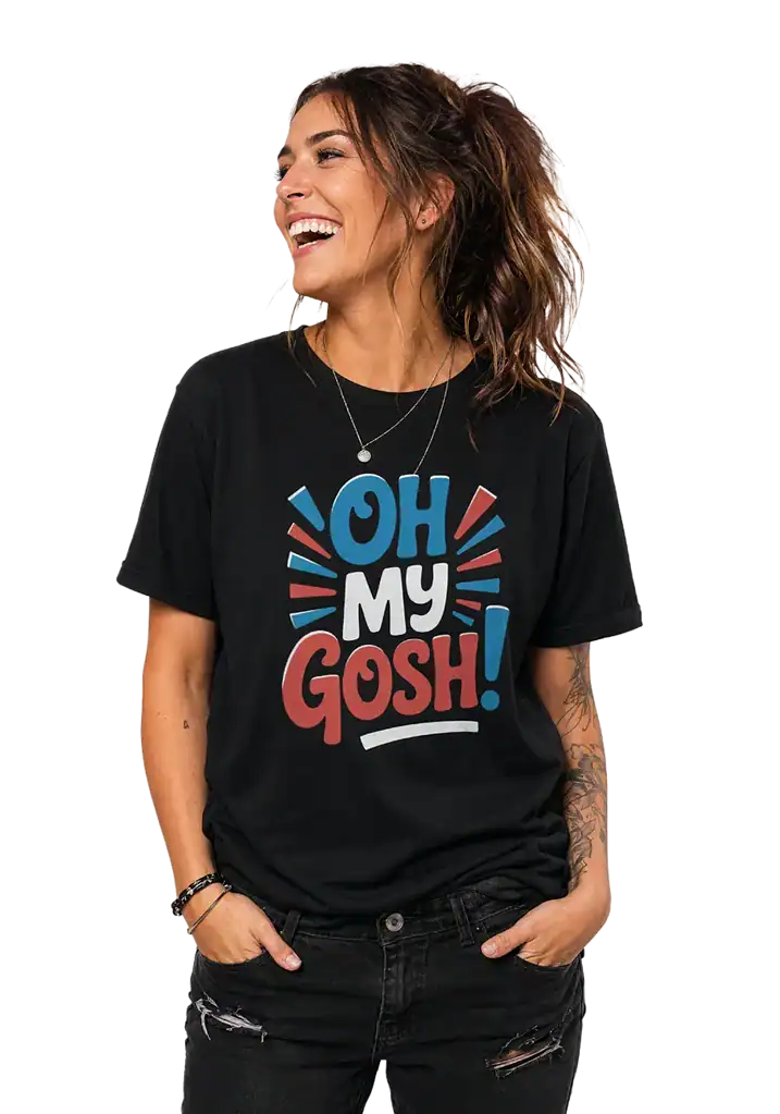 Young woman smiling in black graphic T-shirt with 'Oh My Gosh!' text.