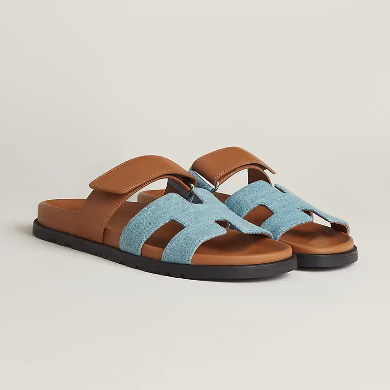 HERMES Denim Calfskin Chypre Sandals Bleu Clair Naturel - Image 3
