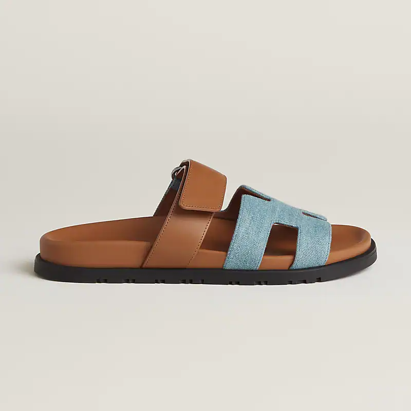 HERMES Denim Calfskin Chypre Sandals Bleu Clair Naturel - Image 2