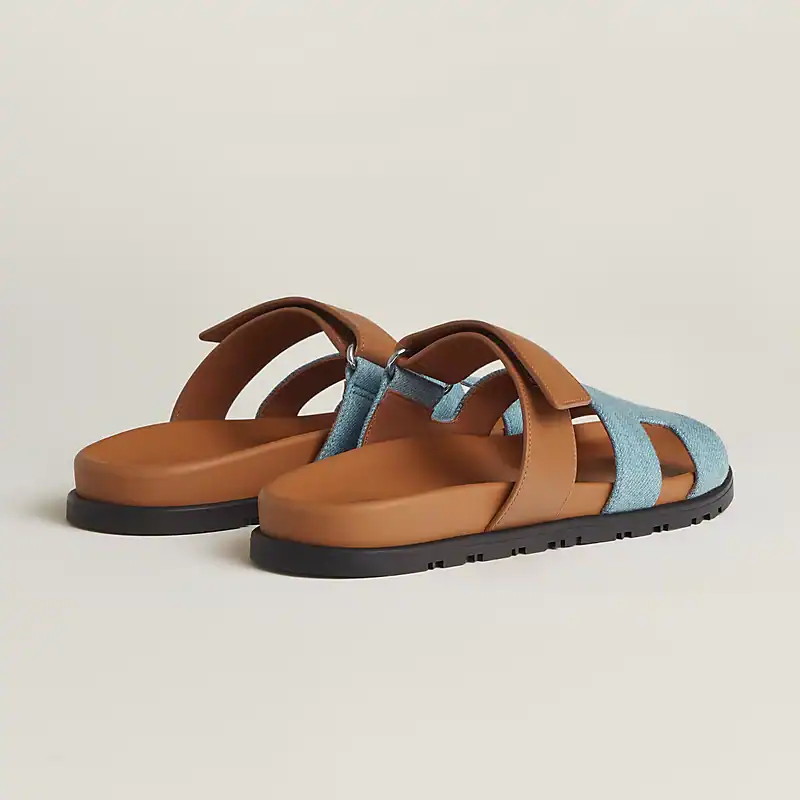 HERMES Denim Calfskin Chypre Sandals Bleu Clair Naturel - Image 4